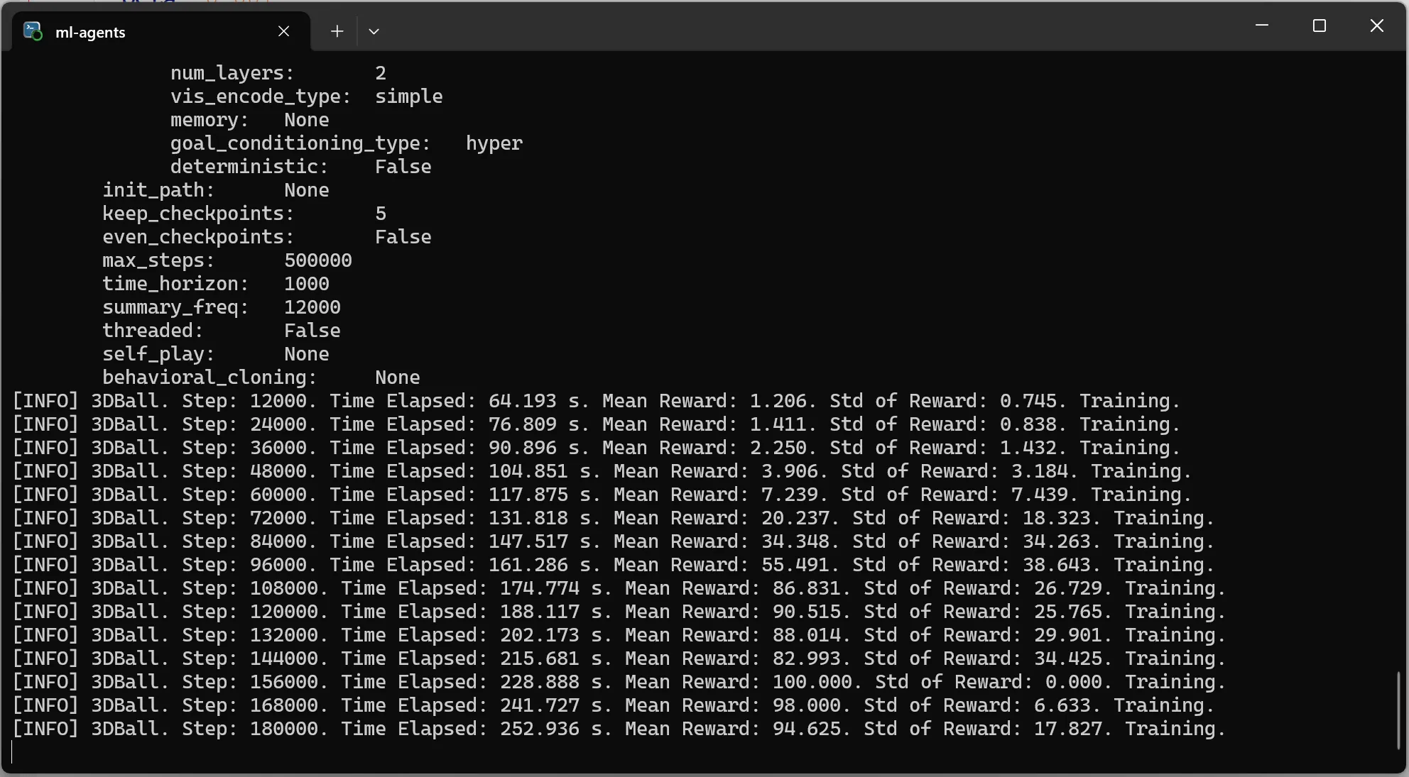 Unity in Play mode, actively sending data to the terminal for training