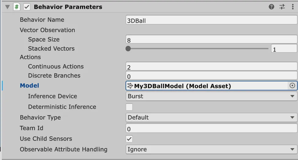 Assigning the newly trained custom .onnx model to the Agent's Behavior Parameters component